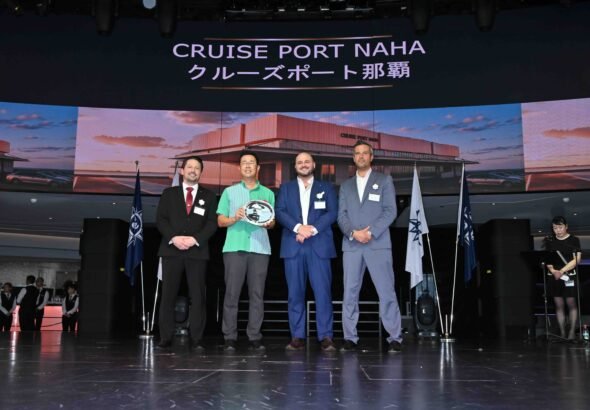 Representatives of MSC Cruises, Royal Caribbean Group and Naha at the new cruise terminal presentation
